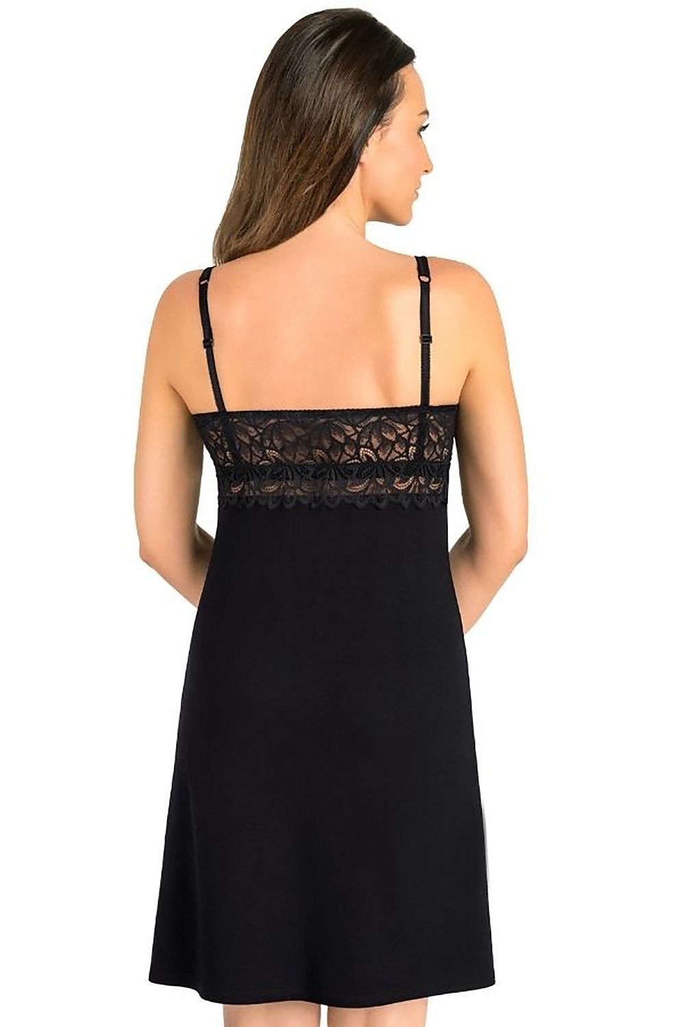 Elegant black women's chemise by Teyli featuring delicate lace detailing at the back, adjustable straps, and A-line cut for a comfortable fit, ideal for a luxurious evening.