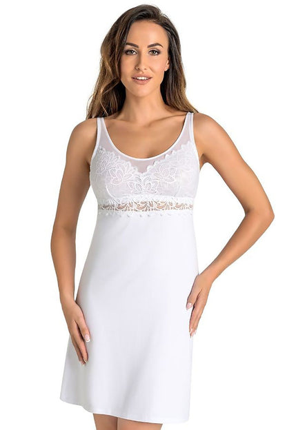 Chic white women's chemise by Teyli with exquisite lace accents and a flattering A-line silhouette, designed for both comfort and elegance, perfect for a sophisticated sleepwear experience.