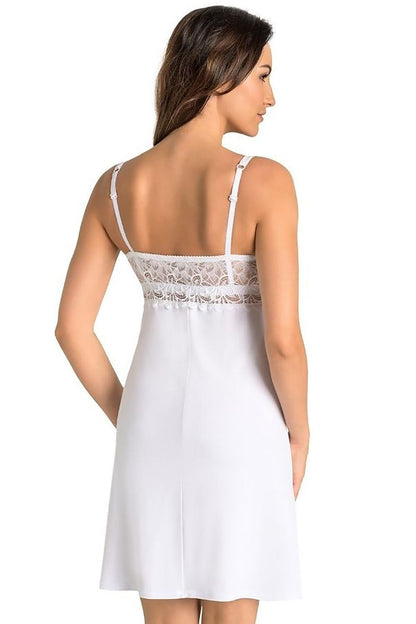 Refined white women's chemise by Teyli showcasing intricate lace on the back, adjustable straps for a tailored fit, embodying elegance and comfort, ideal for restful nights.