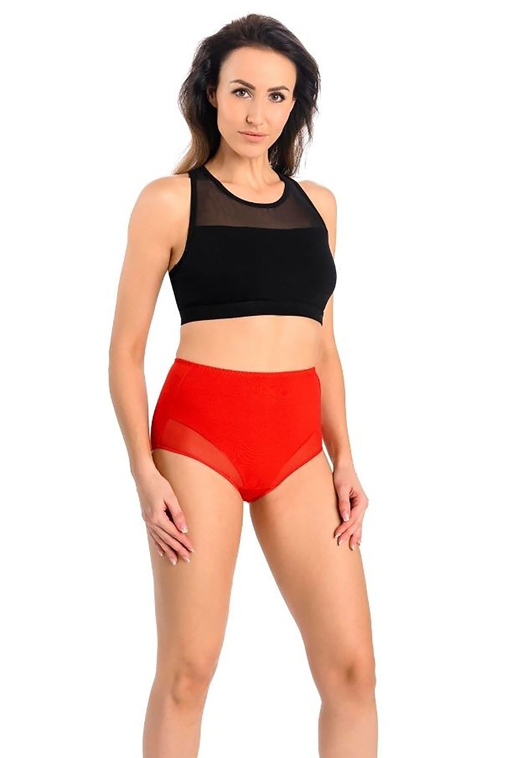 Teyli women's high-waisted cotton classic panties in red, model poses confidently, portraying style and luxury.