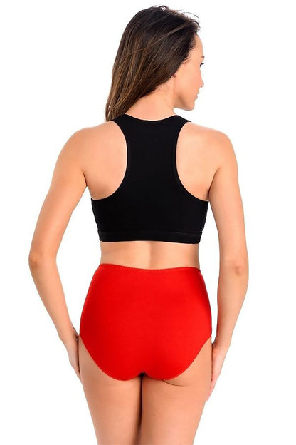 Teyli women's high-waisted cotton classic panties in red, showcased from the back on a model, emphasizing comfort and elegance.