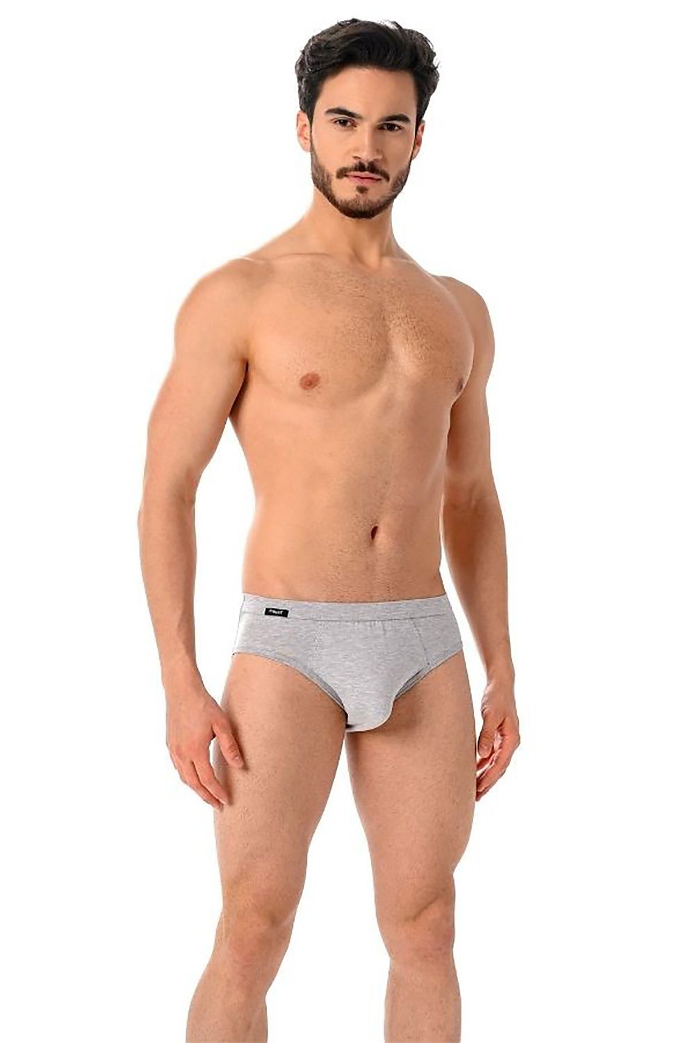 Teyli Men's luxury grey briefs featuring breathable cotton and lycra, model poses in a comfortable fit showcasing the elegant design.