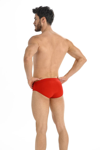 Back view of Teyli's red luxury briefs for men, designed for optimum support and a flattering silhouette.