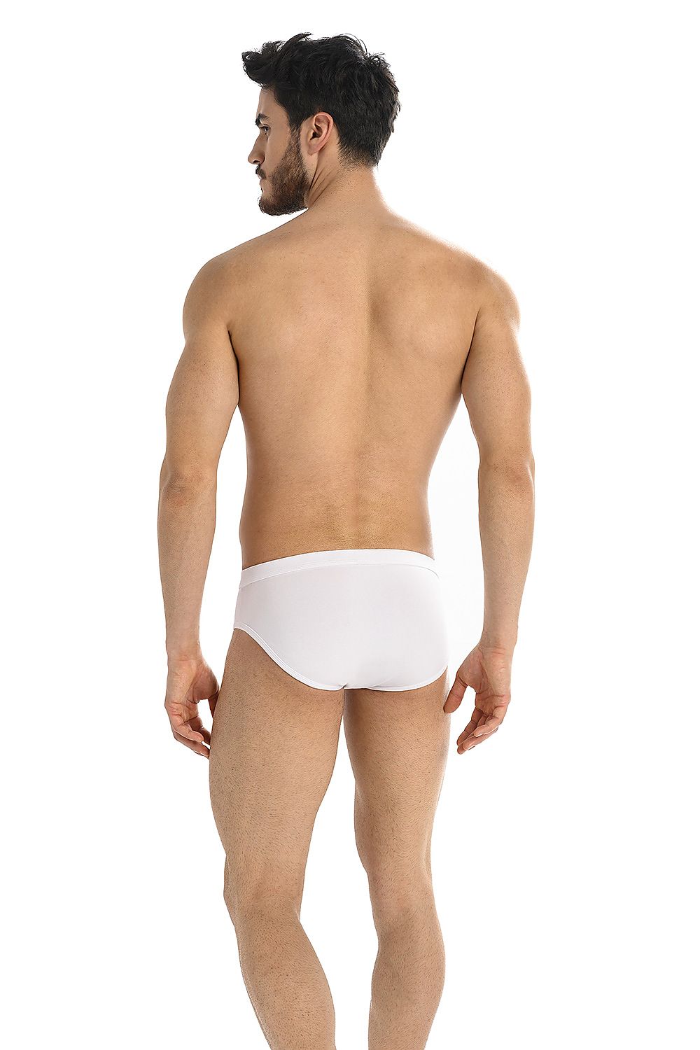 Rear view of Teyli Men's white briefs on a muscular model, illustrating a sleek and comfortable fit.