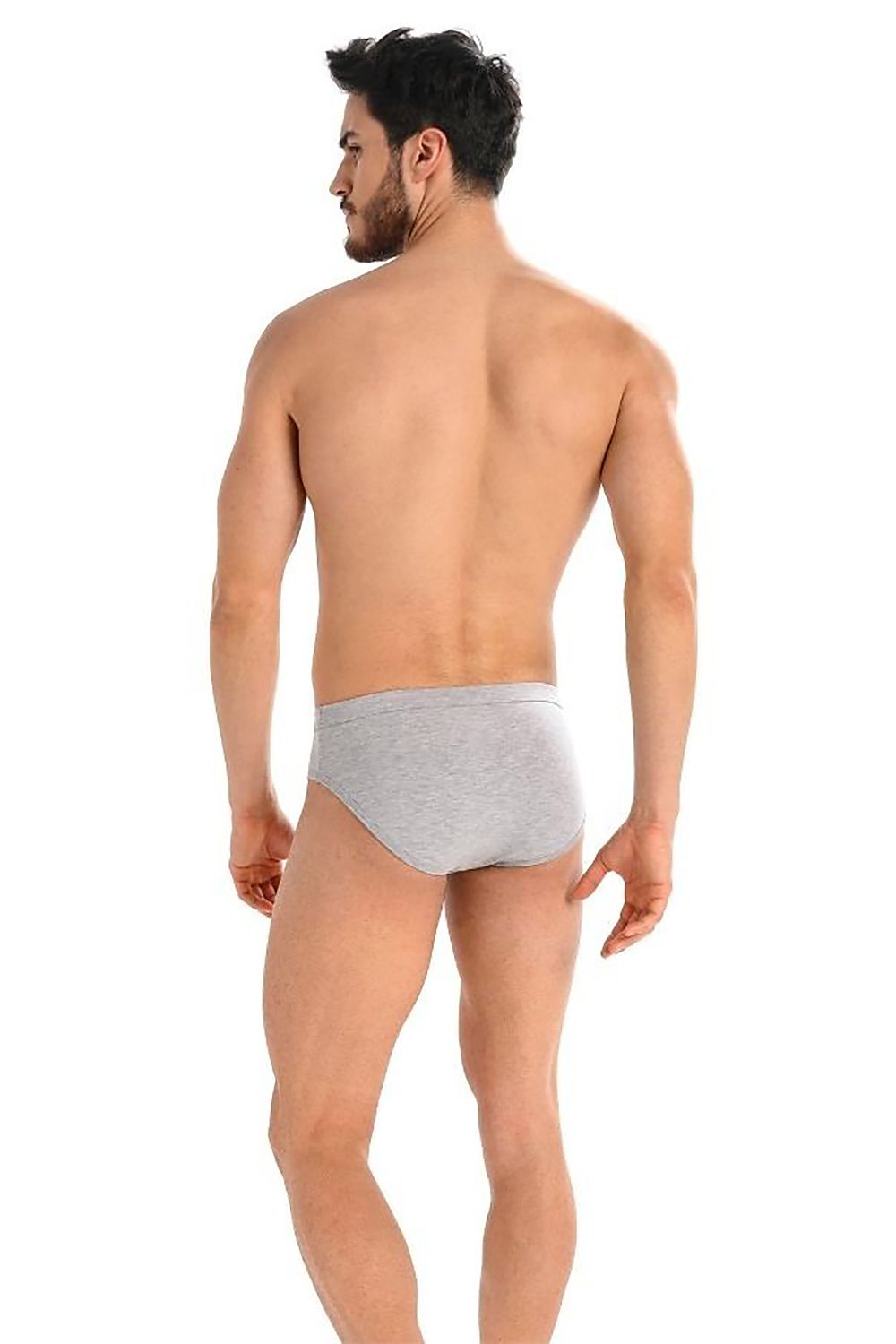 Back view of Teyli Men's grey briefs on a model, detailing the smooth finish and secure fit of the luxurious underwear.