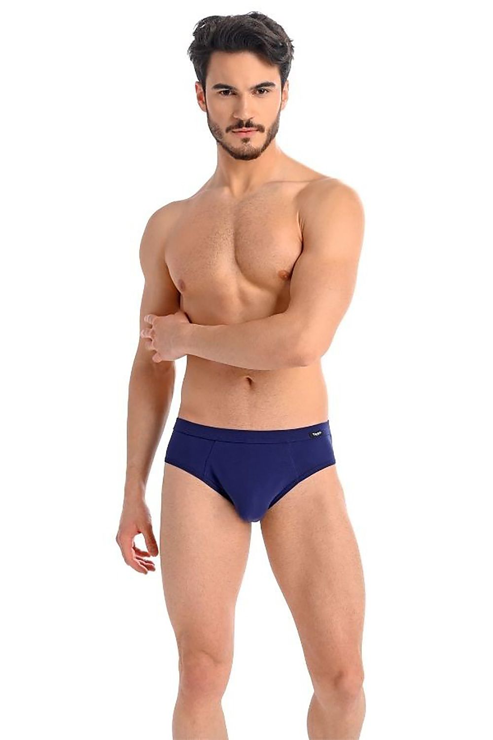 Model wearing Teyli luxury grey briefs, highlighting the breathable cotton lycra fabric and elegant design for men.