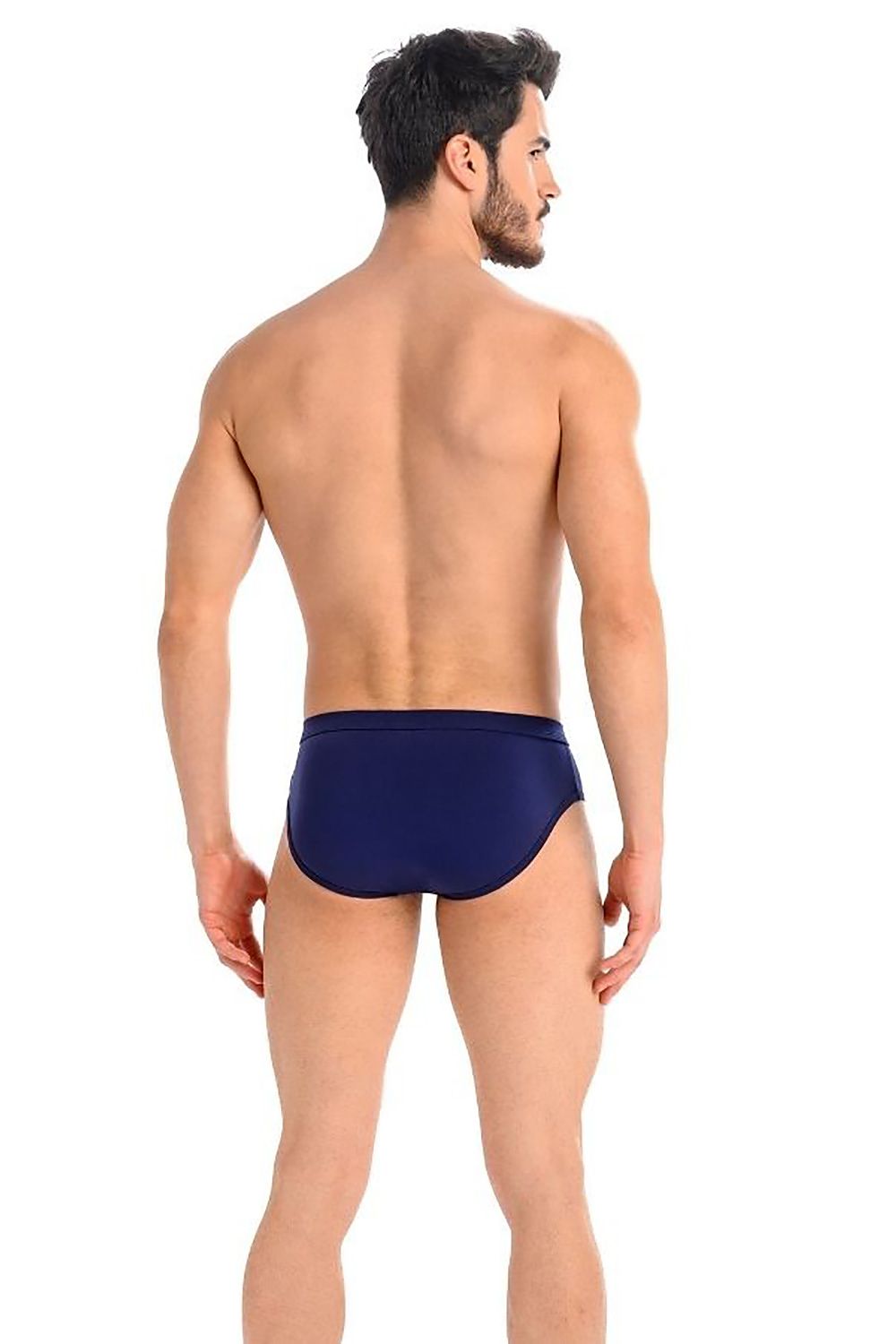 Back view of a model in Teyli luxury grey briefs, demonstrating a comfortable and form-fitting cut made from soft cotton lycra.