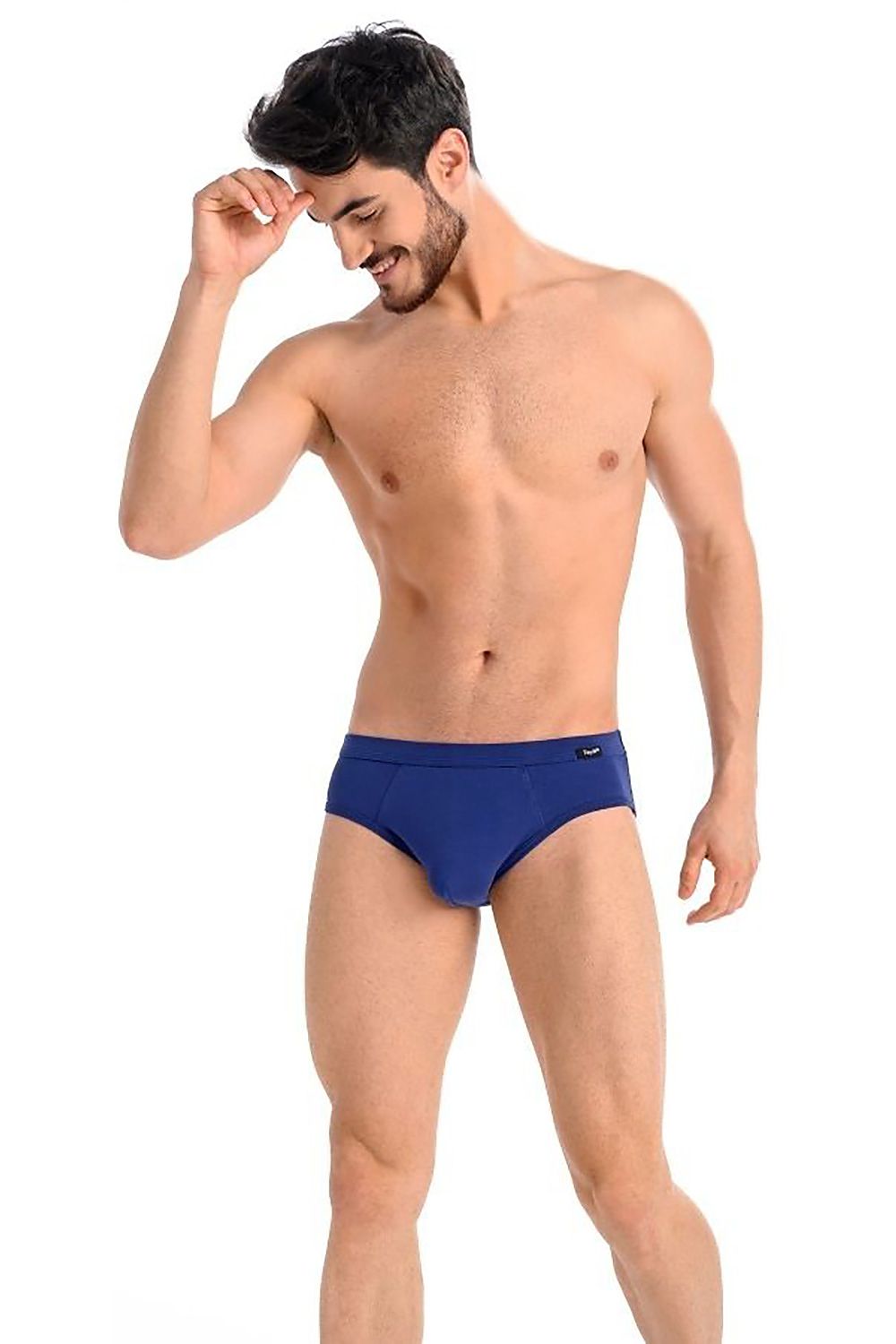Smiling model in Teyli luxury grey briefs, showcasing the stylish and breathable cotton design perfect for daily wear.