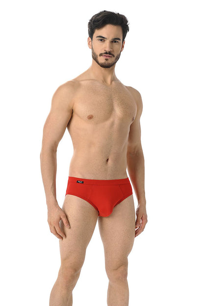 Teyli men's red briefs on a model, embodying a sleek comfort fit and tailored design for a refined silhouette.
