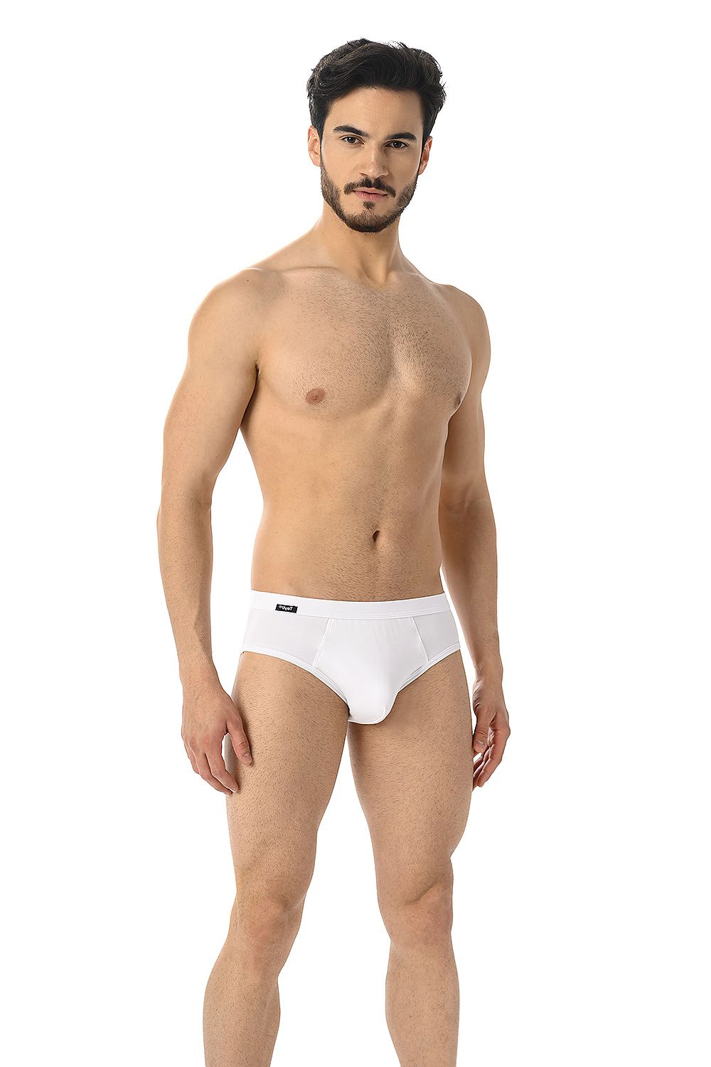 Model wearing Teyli Men's Luxury White Briefs, demonstrating the exquisite cut and fit designed for ultimate comfort.