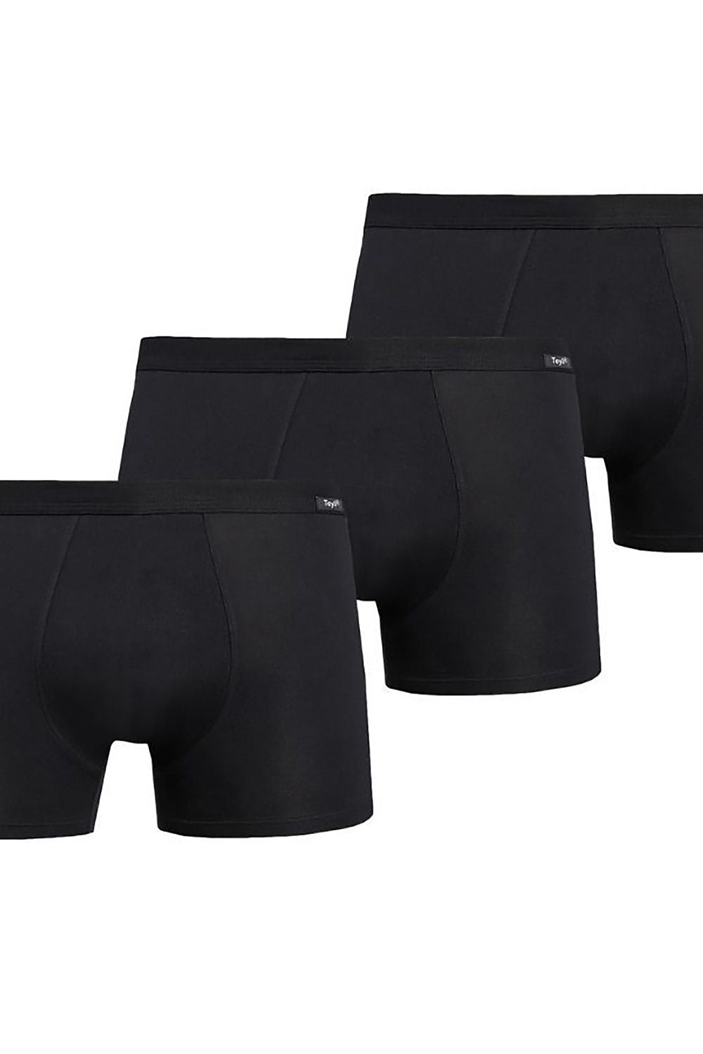 Three pairs of black Teyli men's boxer shorts arranged neatly, showcasing premium fabric and modern design.
