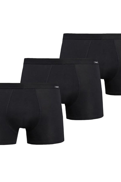 Three pairs of black Teyli men's boxer shorts arranged neatly, showcasing premium fabric and modern design.