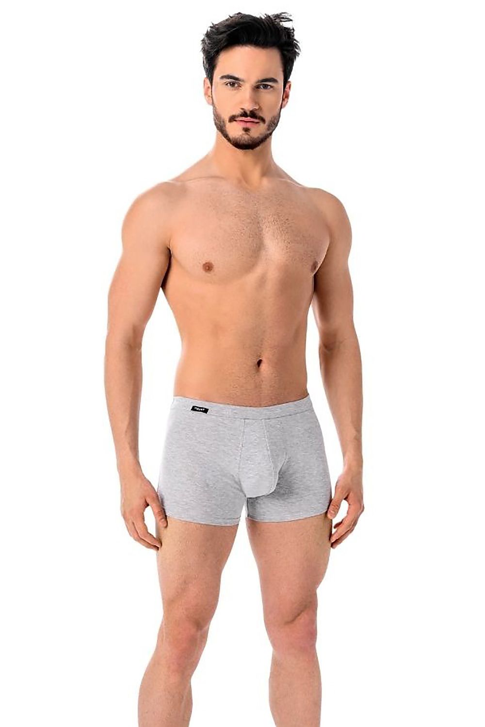 Model displaying luxury grey Teyli men's boxer shorts, combining sophistication and comfort in a stylish fit.