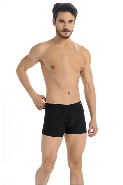 Male model in a luxurious black boxer shorts set by Teyli, highlighting a modern design with a snug fit.