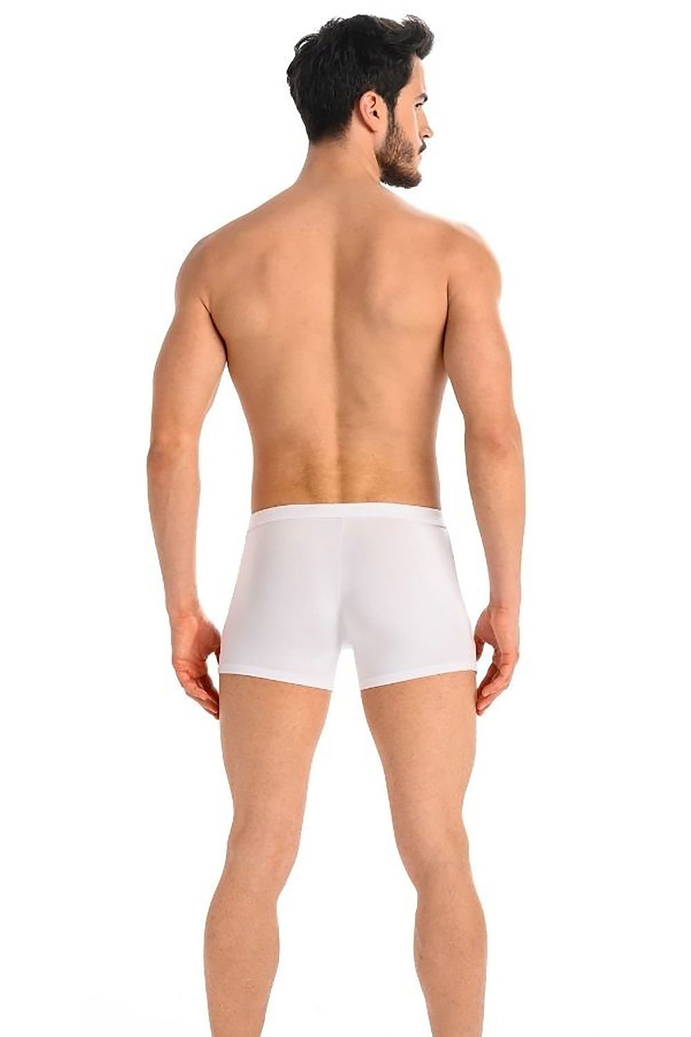 Back view of a male in luxurious white boxer shorts from Teyli, emphasizing a minimalist design and premium quality.