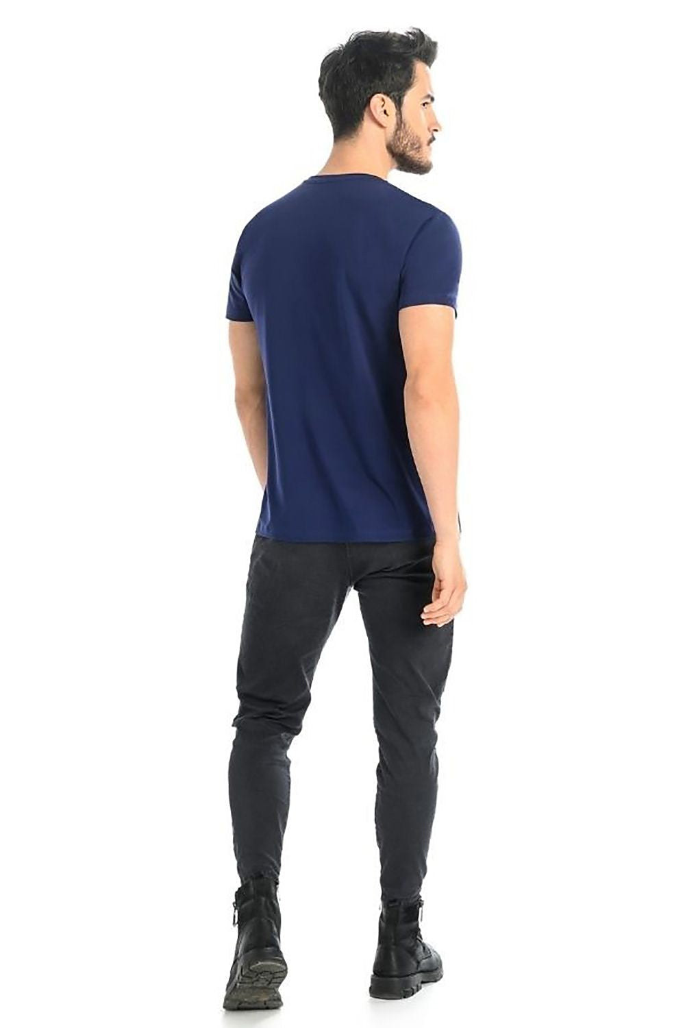 Back view of Teyli's Classic Blue Cotton Men's T-Shirt with Lycra, showcasing its sophisticated cut and breathable material for superior style.