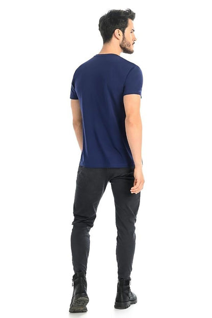 Back view of Teyli's Classic Blue Cotton Men's T-Shirt with Lycra, showcasing its sophisticated cut and breathable material for superior style.