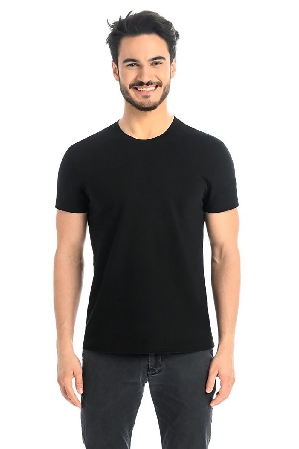 Stylish Men's Classic Black Cotton T-Shirt with Lycra by Teyli, designed for a slim fit that complements the male form, ideal for a luxurious casual look.
