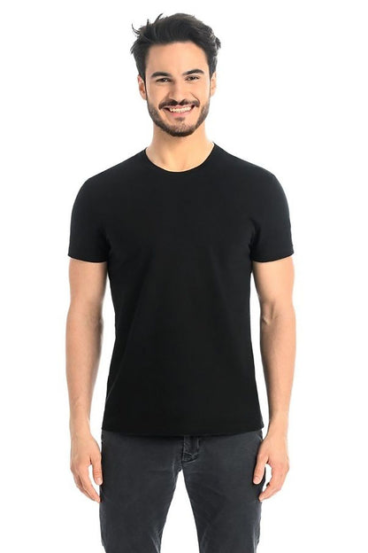 Stylish Men's Classic Black Cotton T-Shirt with Lycra by Teyli, designed for a slim fit that complements the male form, ideal for a luxurious casual look.