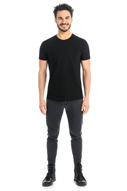 Front view of a sophisticated Men's Classic Black Cotton T-Shirt with Lycra from Teyli, emphasizing elegance and comfort for any modern man.