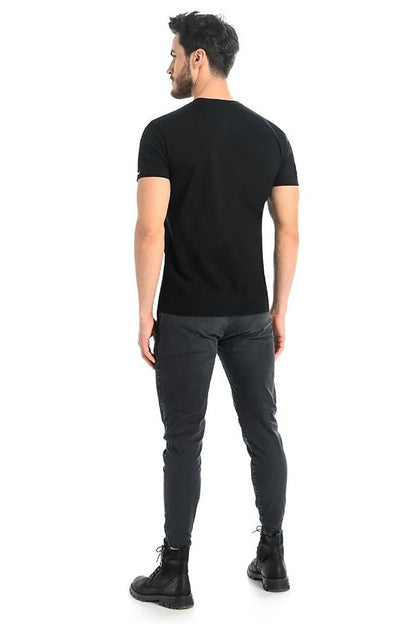 Back view of Teyli's Men's Classic Black Cotton T-Shirt with Lycra, highlighting its sleek design and breathable fabric, perfect for an upscale everyday wardrobe.