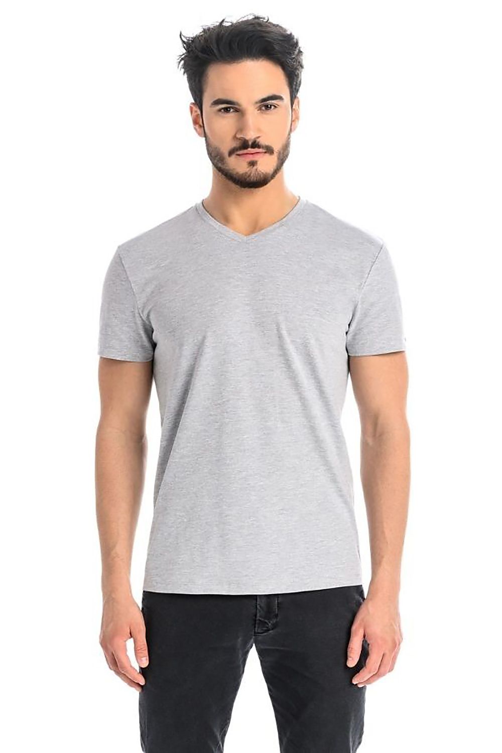 Elegant light grey cotton t-shirt by Teyli, featuring a classic V-neck design, tailored fit, and comfortable short sleeves, perfect for a sophisticated yet casual look.