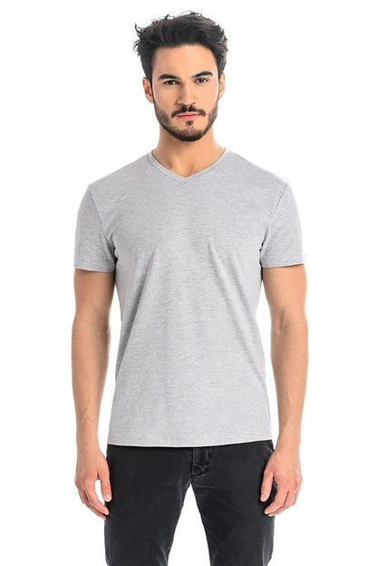 Elegant light grey cotton t-shirt by Teyli, featuring a classic V-neck design, tailored fit, and comfortable short sleeves, perfect for a sophisticated yet casual look.