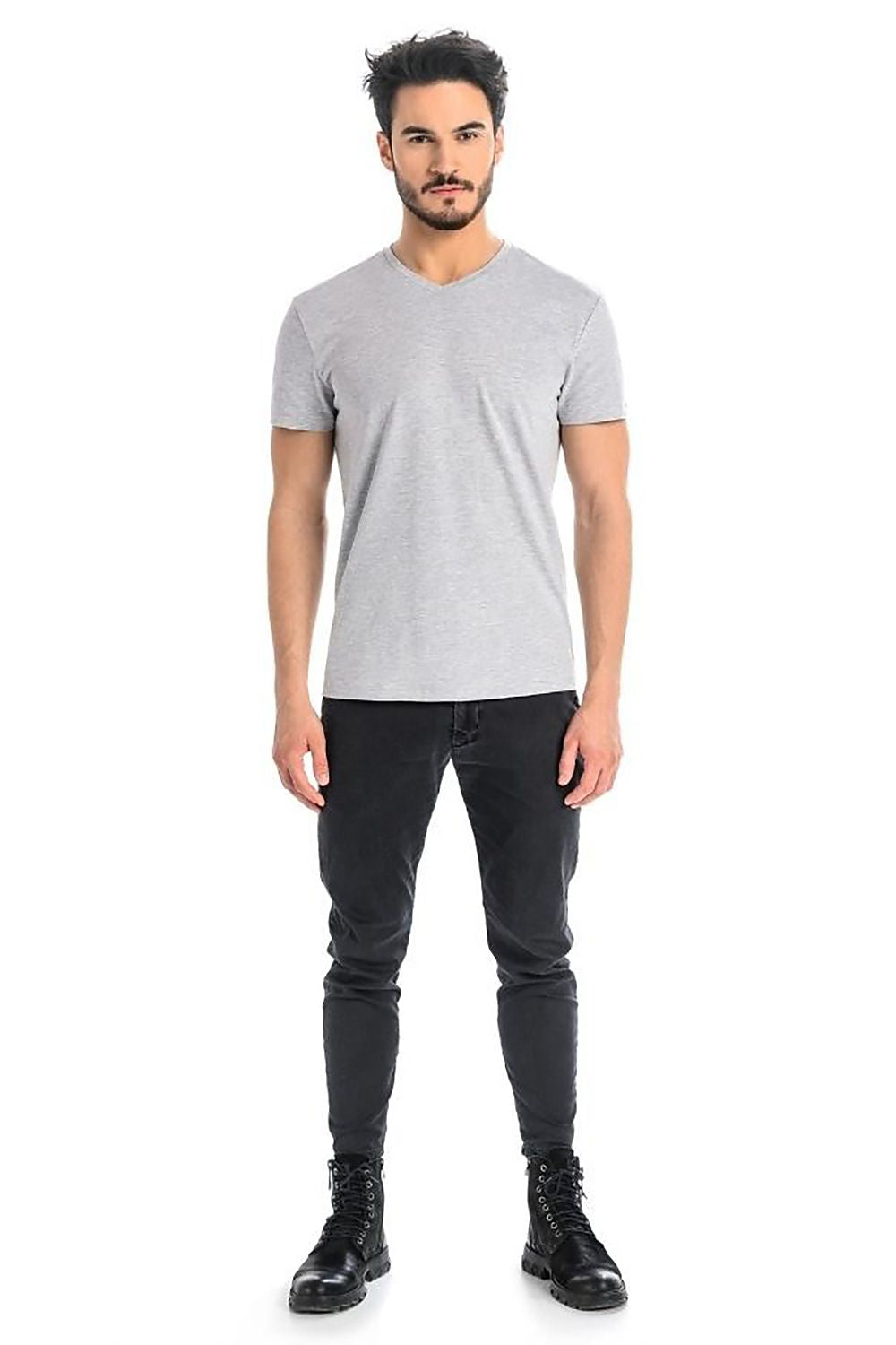 Stylish light grey cotton t-shirt by Teyli, showcased with a modern fit, V-neck style, and paired with chic black trousers, ideal for versatile and contemporary men's fashion.