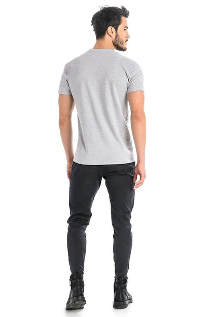 Men's Light Grey Cotton T-Shirt with Lycra from Teyli, showcasing a stylish classic V-neck fit, model seen from the back, perfect for casual elegance.