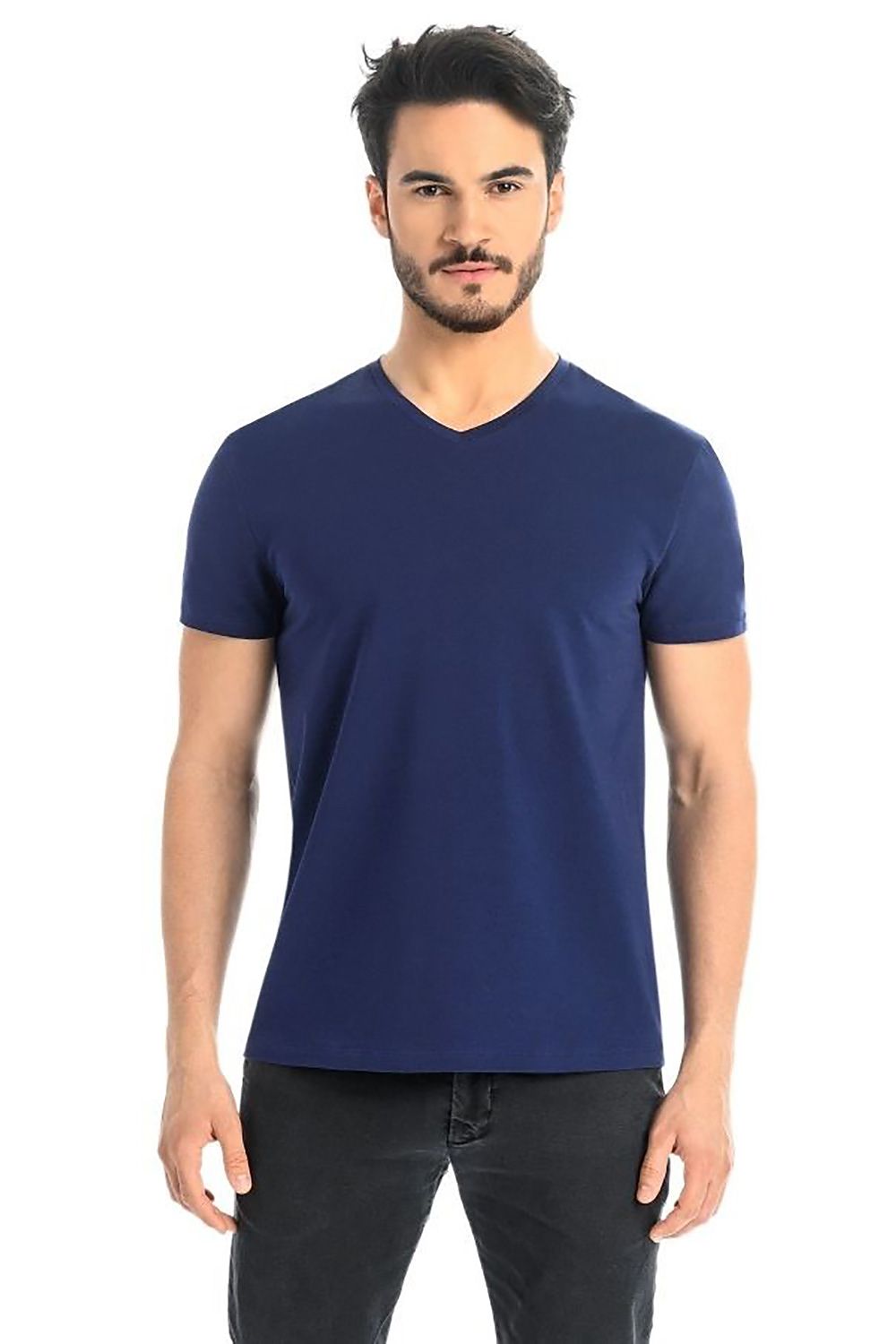 Sophisticated Navy Blue T-Shirt by Teyli, featuring a modern V-neck design, model showcasing the front fit and seamless silhouette, ideal for a luxurious casual look.