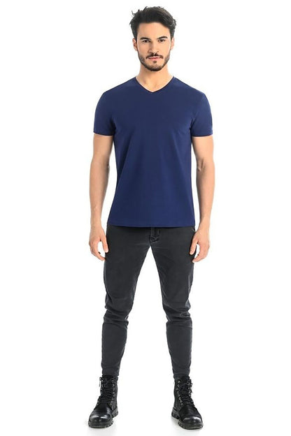 Front view of Teyli's Men's Navy Blue V-neck T-Shirt, designed for comfort and elegance, model exhibiting a confident stance.