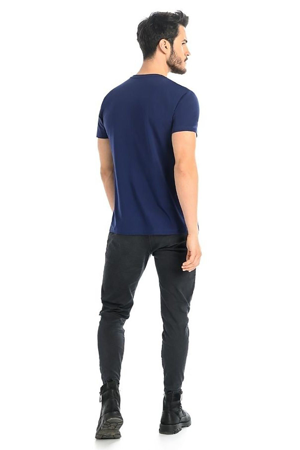 Stylish rear view of the Navy Blue T-Shirt by Teyli, demonstrating the fitted design and quality craftsmanship, perfect for enhancing a casual wardrobe.