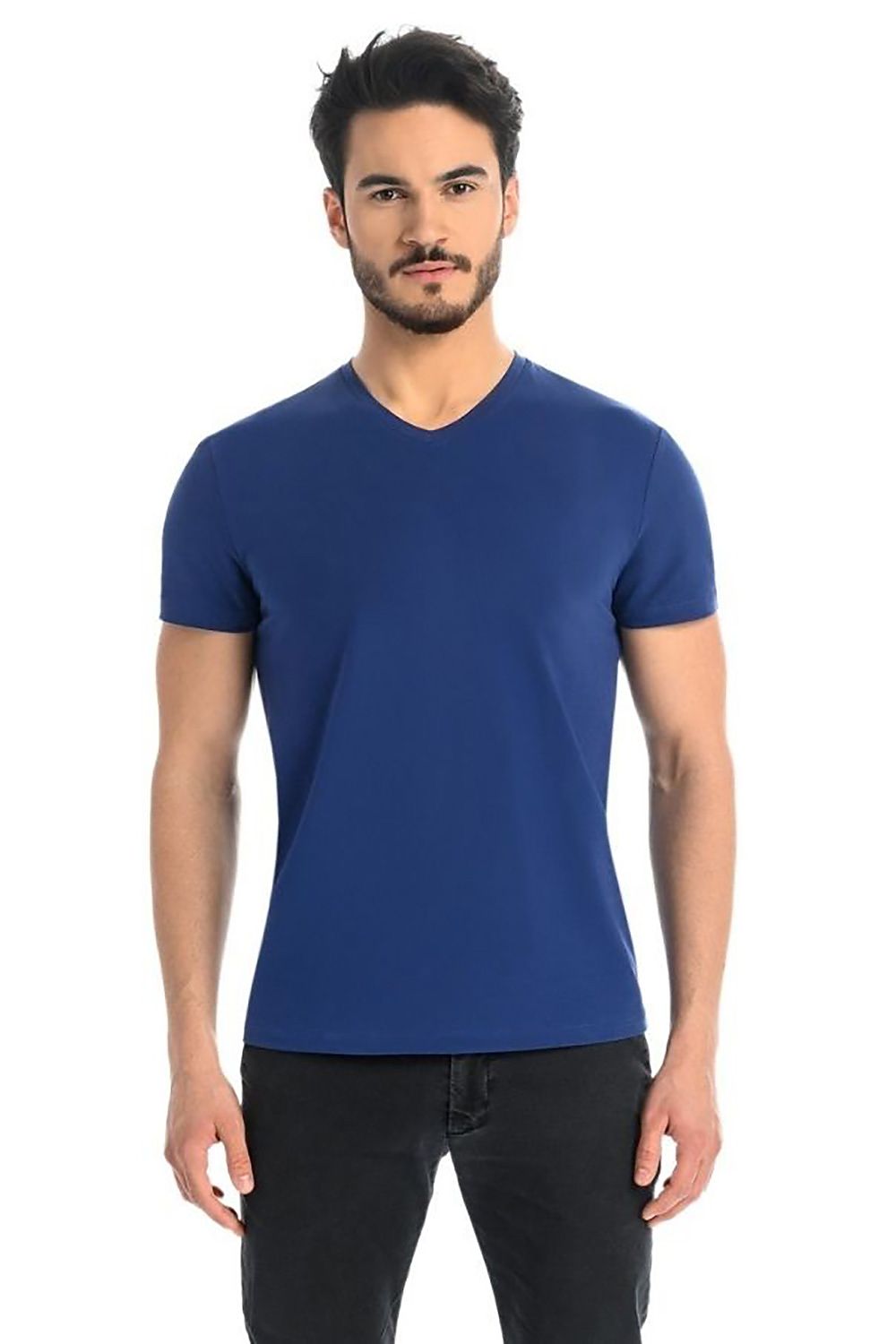 Elegant Men's Navy Blue T-Shirt with V-neck from Teyli, model presents a close-up of the sophisticated fit, suitable for refined casual outings.