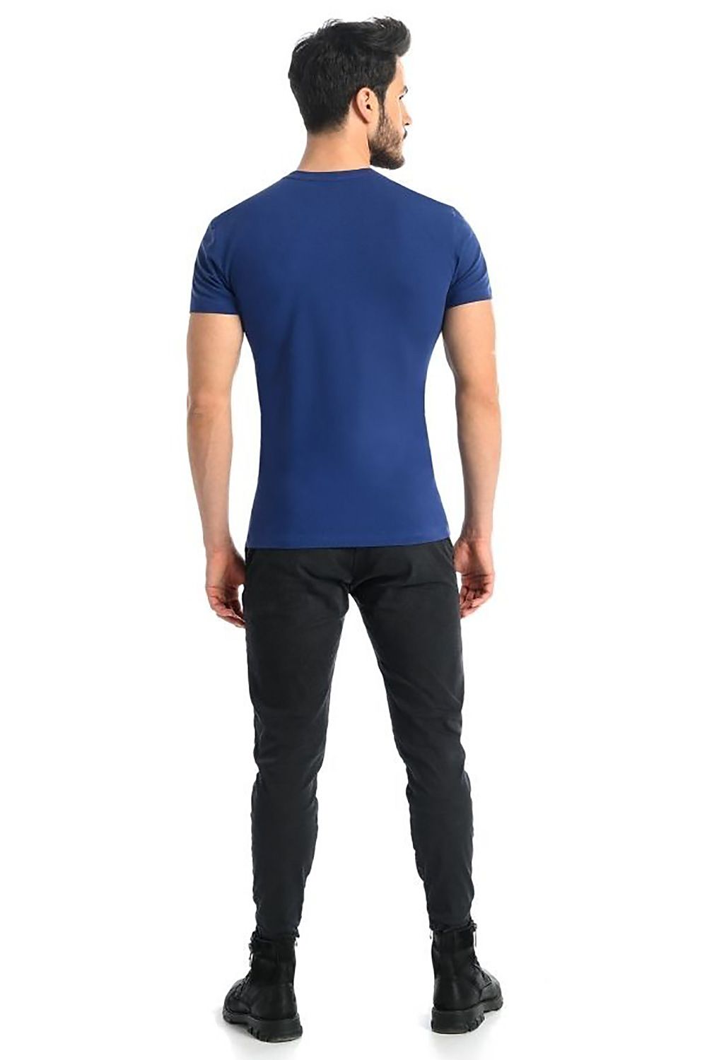 Back view of a fashionable man in a luxury blue men's light grey cotton t-shirt with Lycra by Teyli. Features a classic cut that enhances comfort and style.
