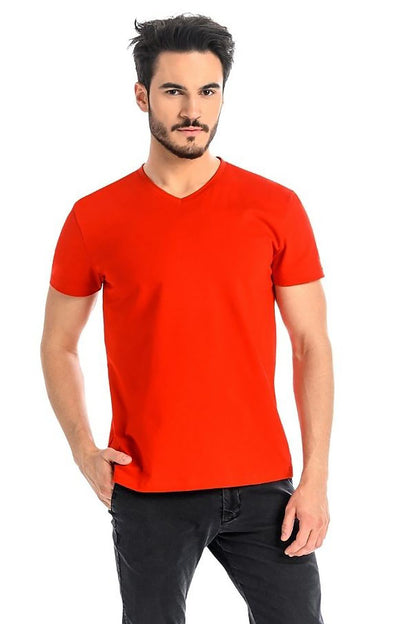 Sophisticated man showcasing a vibrant red men's light grey cotton t-shirt with Lycra by Teyli. The classic V-neck fit delivers elegance and modern style.