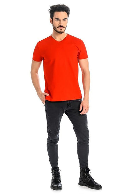 Impressive front view of a man in a luxury red men's light grey cotton t-shirt with Lycra by Teyli. The smooth finish and classic design highlight an upscale casual look.
