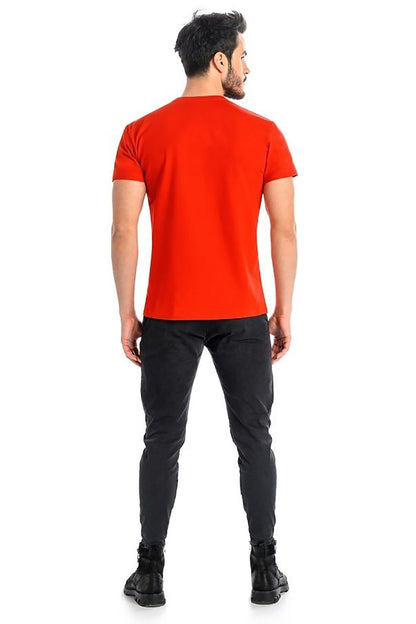 Stylish back view of a man wearing a luxury red men's light grey cotton t-shirt with Lycra by Teyli. The shirt's classic fit and sleek design epitomise sophistication.