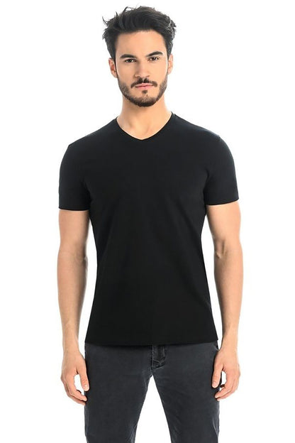 Sleek black men's cotton t-shirt with Lycra, featuring a classic V-neck design by Teyli, ideal for a sophisticated casual look.