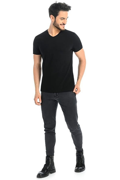 Stylish black men's cotton t-shirt from Teyli, elegantly cut with short sleeves and a V-neck, perfect for modern casual ensembles.
