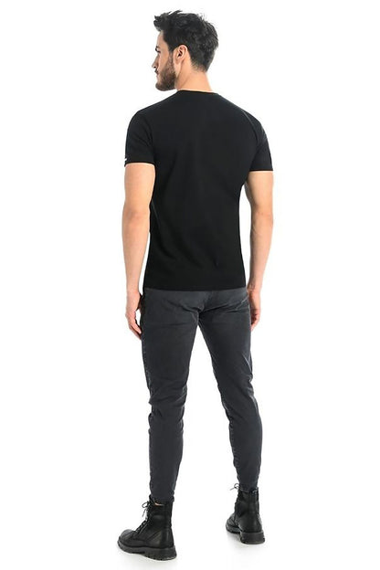 Back view of a refined black men's cotton t-shirt by Teyli, showcasing a finely tailored fit, ideal for a polished everyday style.
