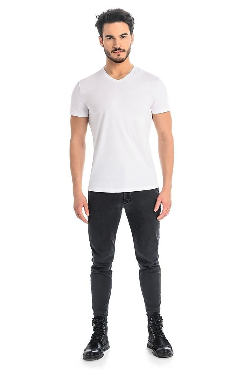 Smart white men's cotton t-shirt by Teyli, styled with a V-neck and short sleeves, perfect for sophisticated casual outfits.