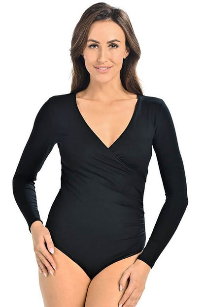 Luxury Women's black shapewear bodysuit with v-neck and long sleeves, elegantly designed by Teyli, showcasing a fitted silhouette on a model against a clean backdrop.