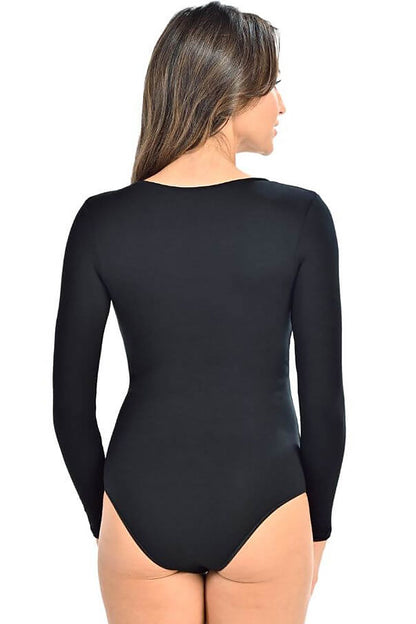 Back view of a luxury women's black shapewear bodysuit by Teyli, featuring long sleeves and a sleek design, highlighting a smooth, curved back.