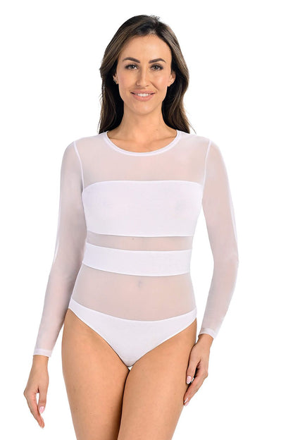 Elegantly styled Teyli Luxe Mesh Bodysuit featuring a transparent design that enhances the silhouette, modelled by a woman in a sophisticated white colour.