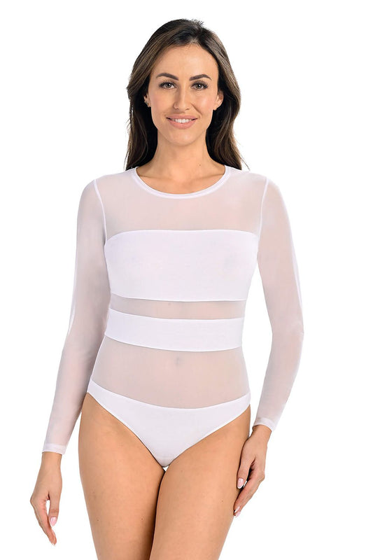 Elegantly styled Teyli Luxe Mesh Bodysuit featuring a transparent design that enhances the silhouette, modelled by a woman in a sophisticated white colour.
