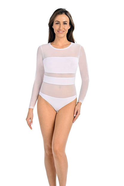 Beautiful woman showcasing the Teyli Luxe Mesh Bodysuit, highlighting its transparent mesh details and flattering fit, perfect for chic outfits.