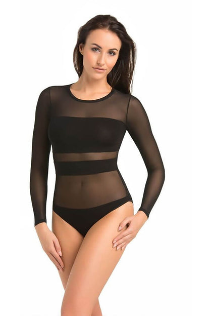 Sophisticated Teyli Luxe Mesh Bodysuit in black, highlighted with transparent mesh elements, ideal for stylish layering.