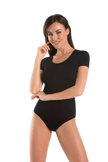 Luxury black shapewear bodysuit by Teyli, showcasing a classic design with short sleeves and a flattering half-round neckline, modelled with a confident smile.