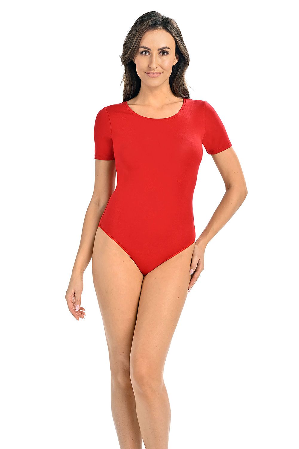 Front view of the stunning red shapewear bodysuit by Teyli, demonstrating its luxurious fabric and elegant silhouette.