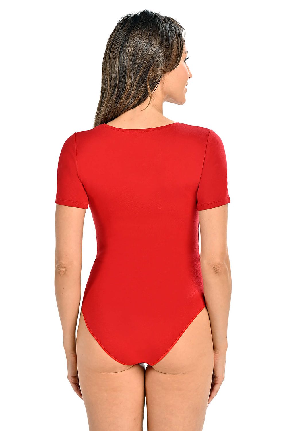 Back view of the chic red shapewear bodysuit by Teyli, emphasizing the fitted design and graceful cut.